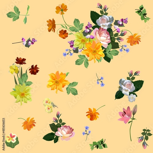 Natural pattern. Beautiful garden flowers and bouquets isolated on an orange background. Vector illustration. Seamless print for fabric in a romantic style. Bed linen, clothes, bright wallpaper.