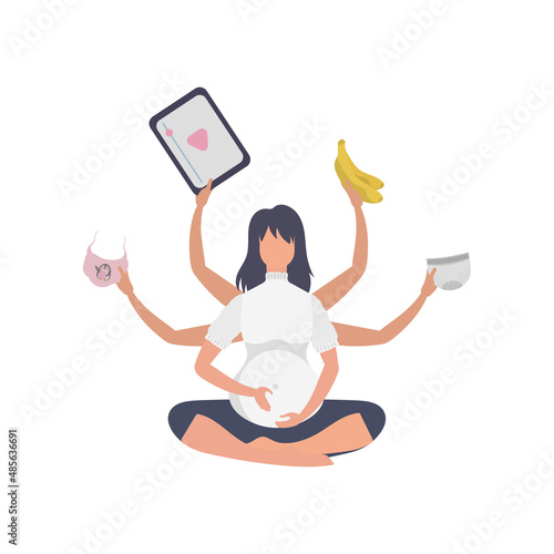 Yoga for pregnant women. Active well built pregnant female character. Isolated. Vector illustration in cartoon style.