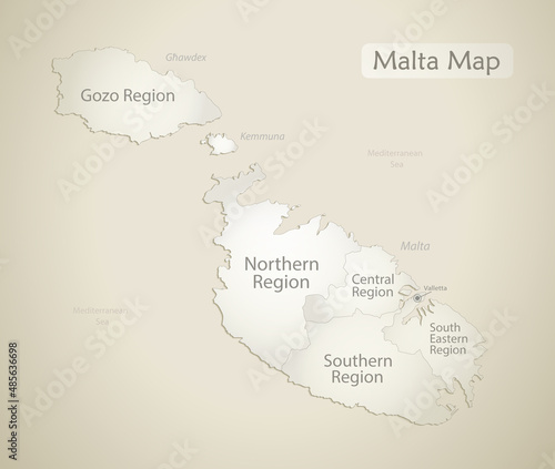 Malta map, Current regions with names, old paper background vector