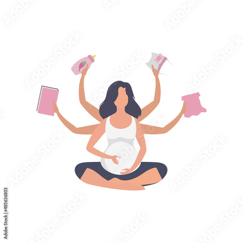 Yoga for pregnant women. Active well built pregnant female character. Isolated on white background. Vector illustration in cartoon style.