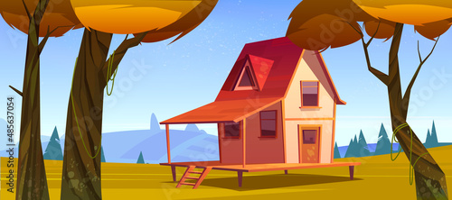 Cottage in autumn forest landscape, wooden house on stilts on yellow field among trees with orange foliage. Home dwelling with terrace on piles at sunny wood background, Cartoon vector illustration