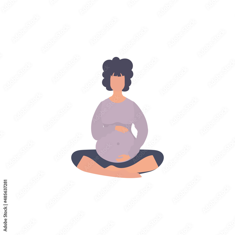 Pregnant girl in the lotus position. Active well built pregnant female character. Isolated on white background. Vector illustration in cartoon style. Pregnant girl in the lotus position. Active well built pregnant female character. Isolated on white background. Vector illustration in cartoon style.