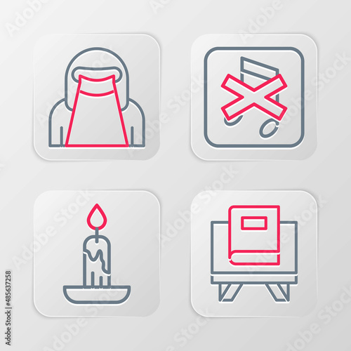 Set line Holy book of Koran  Burning candle  Speaker mute and Muslim woman niqab icon. Vector