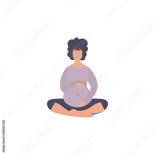 Pregnant girl in the lotus position. Active well built pregnant female character. Isolated on white background. Vector illustration in cartoon style.