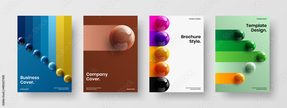 Modern realistic balls magazine cover illustration bundle. Bright flyer vector design template set.