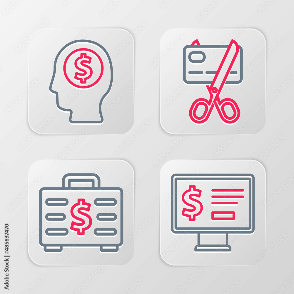 Set line Monitor with dollar, Briefcase and money, Scissors cutting credit card and Business man planning mind icon. Vector Set line Monitor with dollar, Briefcase and money, Scissors cutting credit card and Business man planning mind icon. Vector