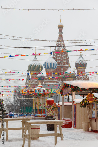 Photography Moscow, Russia, February 7, 2022, Red Square covered with snow in winter, view of St