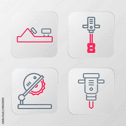 Set line Construction jackhammer, Table saw for woodwork, Electrical hand concrete mixer and Wood plane tool icon. Vector