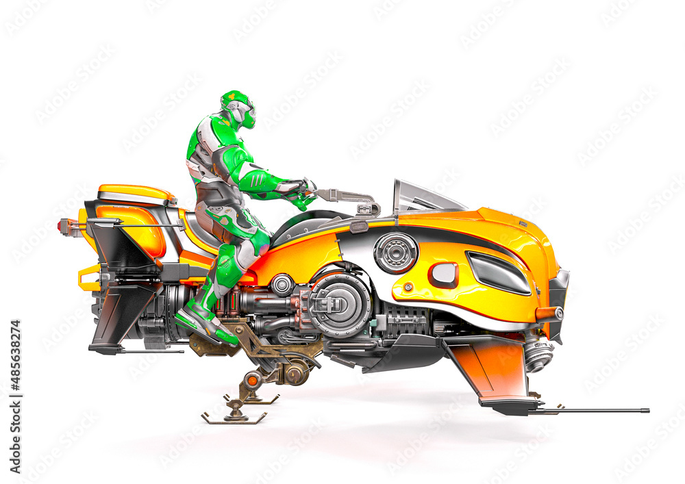 future soldier is riding a bike in white background side view