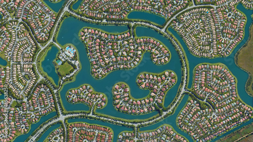 Weston, Florida, settlement of the wealthy district with water channels, looking down aerial view from above – Bird’s eye view Florida, USA