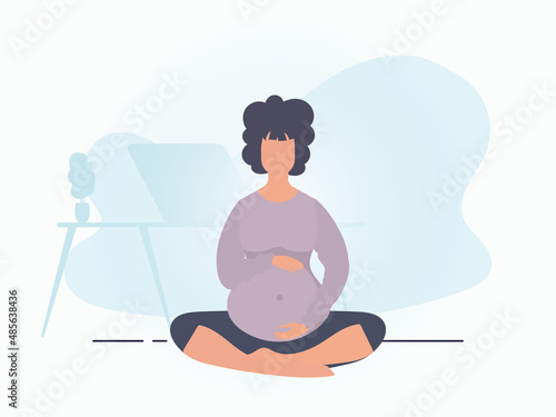 Yoga for pregnant women. Active well built pregnant female character. Banner in blue colors for your design. Vector illustration in cartoon style.