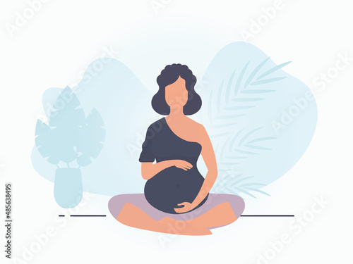 Yoga for pregnant women. Active well built pregnant female character. Banner in blue tones for you. Flat vector illustration.
