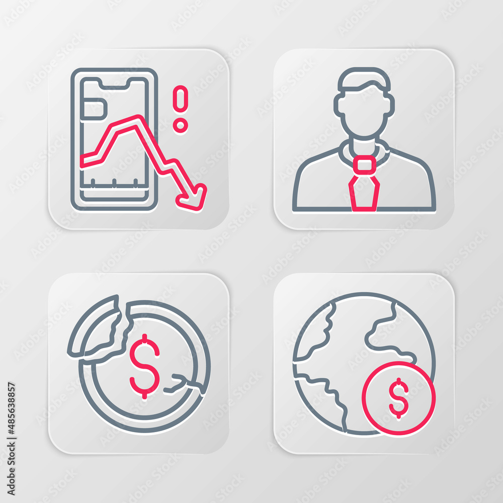Set line Global economic crisis, Dollar rate decrease, Worker and Mobile stock trading icon. Vector Set line Global economic crisis, Dollar rate decrease, Worker and Mobile stock trading icon. Vector