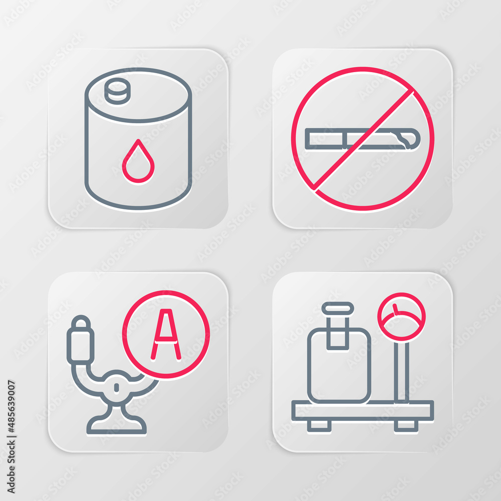 Set line Scale with suitcase, Aircraft steering helm, No Smoking and Barrel oil icon. Vector Set line Scale with suitcase, Aircraft steering helm, No Smoking and Barrel oil icon. Vector