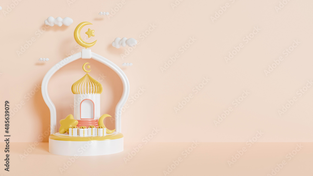 Ramadan kareem islamic greeting background with crescent moon, lantern, star, podium
