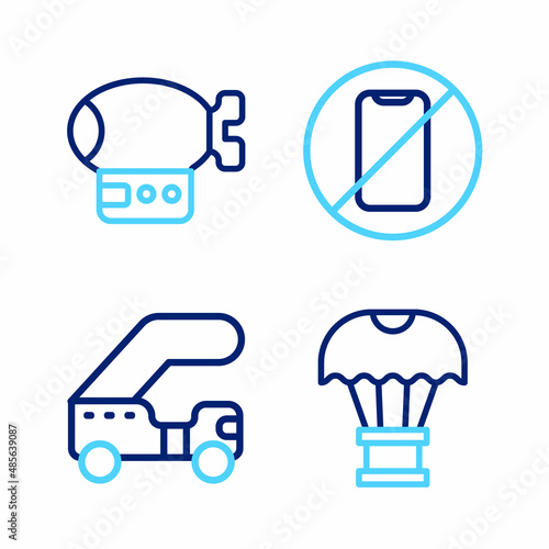 Set line Box flying on parachute, Passenger ladder, No cell phone and Airship icon. Vector