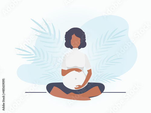 Yoga for pregnant women. Yoga and sports for pregnant women. Postcard or poster in gentle colors for your design. Flat vector illustration.