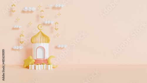 Ramadan kareem islamic greeting background with crescent moon, lantern, star, podium
