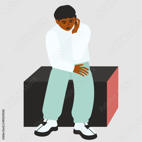 Man sitting on cube and talking on phone Teenager portrait Be yourself concept Non-binary gender person Design element Vector illustration Isolated on white background