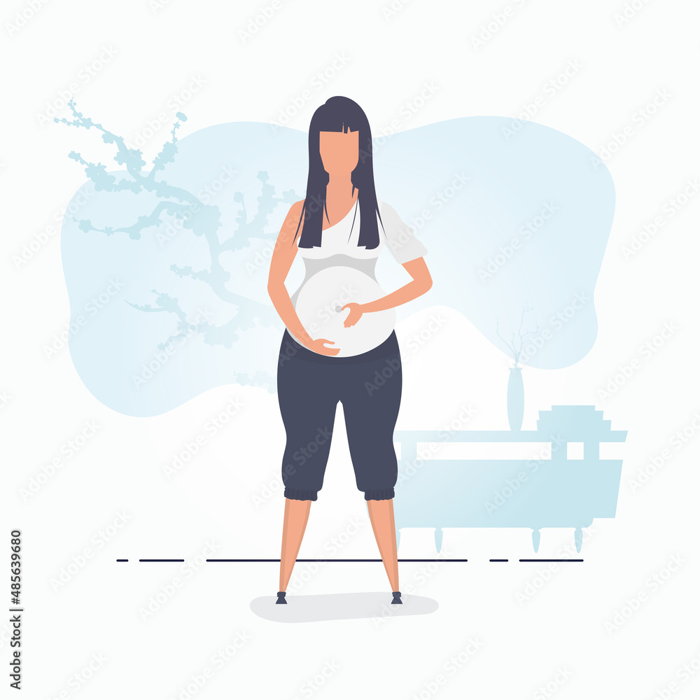 Pregnant girl in full growth. Happy pregnancy. Postcard or poster in gentle colors for you. Flat vector illustration.