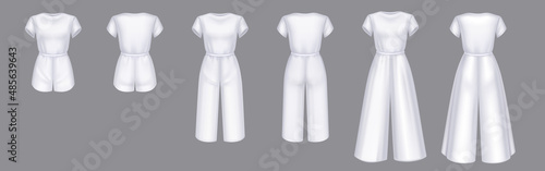 Set of women jumpsuit 3d vector overalls blank mockup. White female apparel with shorts or trousers and short sleeveless top realistic template. Girls clothes, summer garment, nightwear design mock up