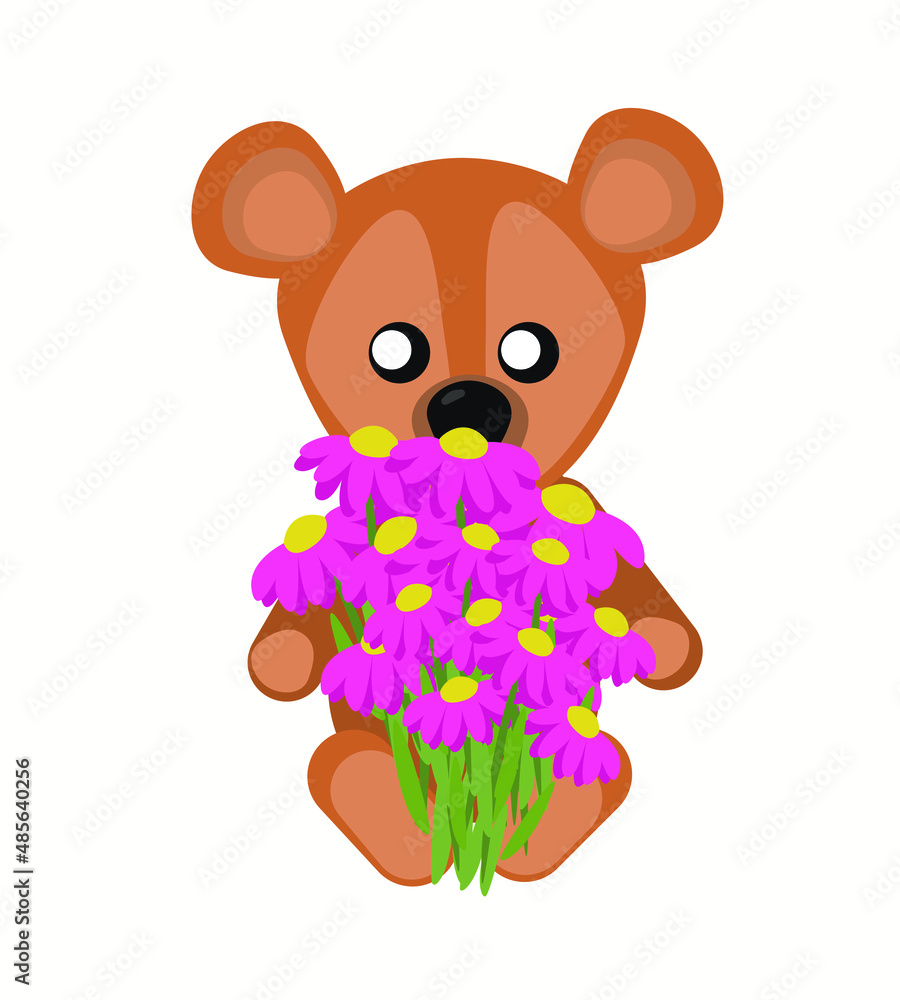 Nice little Teddy bear with a bouquet of spring flowers vector greeting ...