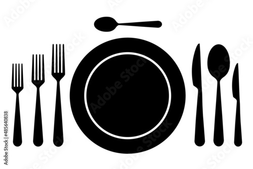 Plate and big set of silverware, symbol for multi course menu or noble restaurant, black icons isolated on white background