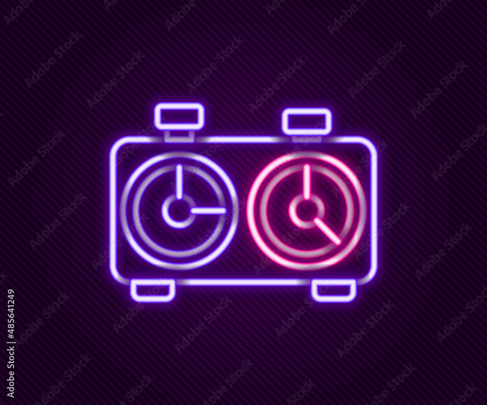 Glowing neon line Time chess clock icon isolated on black background. Sport equipment. Colorful outline concept. Vector Glowing neon line Time chess clock icon isolated on black background. Sport equipment. Colorful outline concept. Vector
