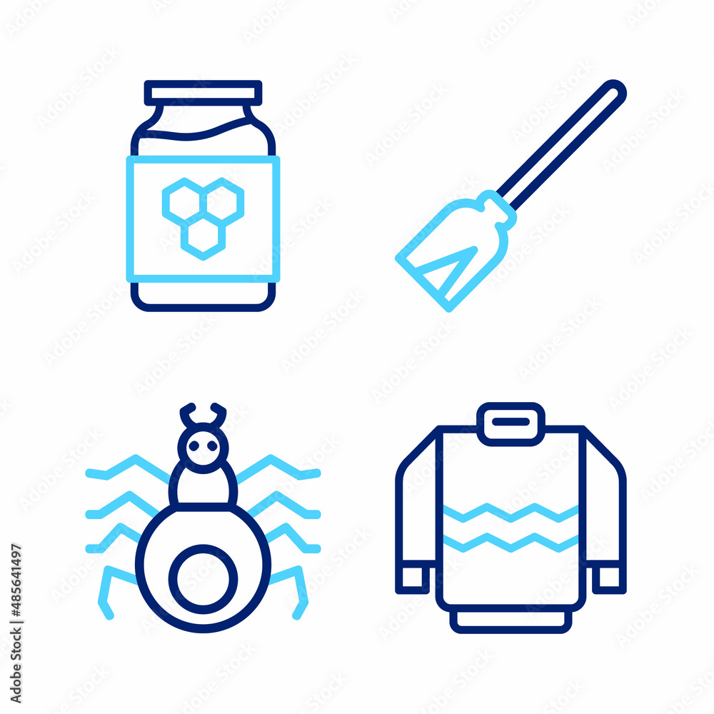 Set line Sweater, Spider, Handle broom and Jar of honey icon. Vector Set line Sweater, Spider, Handle broom and Jar of honey icon. Vector