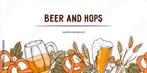 Beer and hops seamless background or repeatable frame lower part, engraved colored hand drawn vector illustration isolated on white background. Endless design template with beer mugs and glasses.