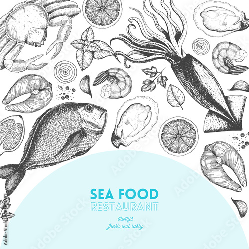 Seafood design template. Vector illustration with fish, squid, acrab, shrimp, oysters and lemons. Engraved style image with sea food.