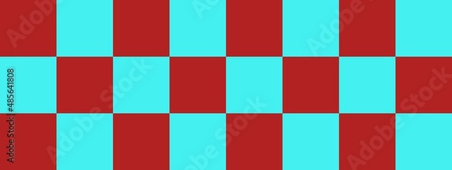 Checkerboard banner. Cyan and Firebrick colors of checkerboard. Big squares, big cells. Chessboard, checkerboard texture. Squares pattern. Background.