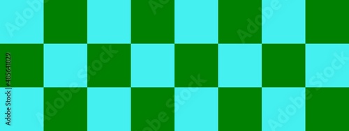 Checkerboard banner. Green and Cyan colors of checkerboard. Big squares, big cells. Chessboard, checkerboard texture. Squares pattern. Background.