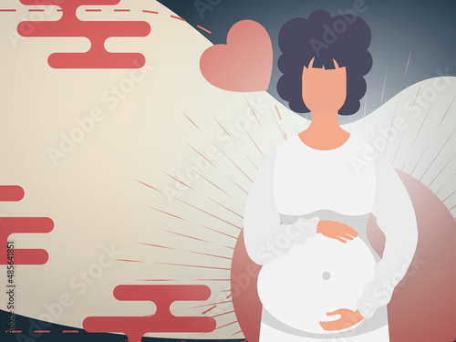 A pregnant girl holds her hands on her stomach. Banner or postcard for you. Vector illustration.