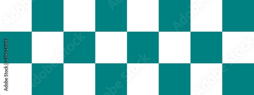 Checkerboard banner. Teal and White colors of checkerboard. Big squares, big cells. Chessboard, checkerboard texture. Squares pattern. Background.
