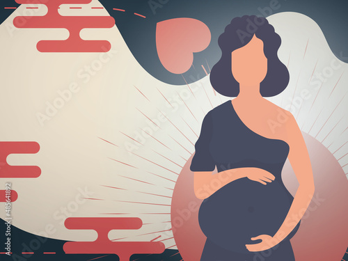A pregnant girl holds her hands on her stomach. Banner or postcard for you. Vector.