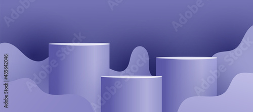 Empty podiums, pedestals or platforms with paper cut wave forms on very peri color background. Minimal scene with geometrical forms for product presentation. Vector illustration