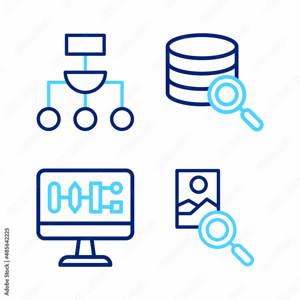Set line Photo retouching, Algorithm, Server and icon. Vector Set line Photo retouching, Algorithm, Server and icon. Vector