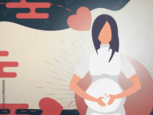 A pregnant girl holds her hands on her stomach. Chinese style banner. Vector.