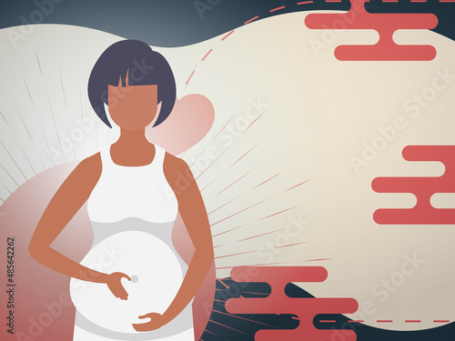 A pregnant girl holds her hands on her stomach. Banner or postcard for you. Vector illustration.