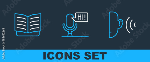 Set line Ear listen sound signal, Open book and Microphone voice device icon. Vector