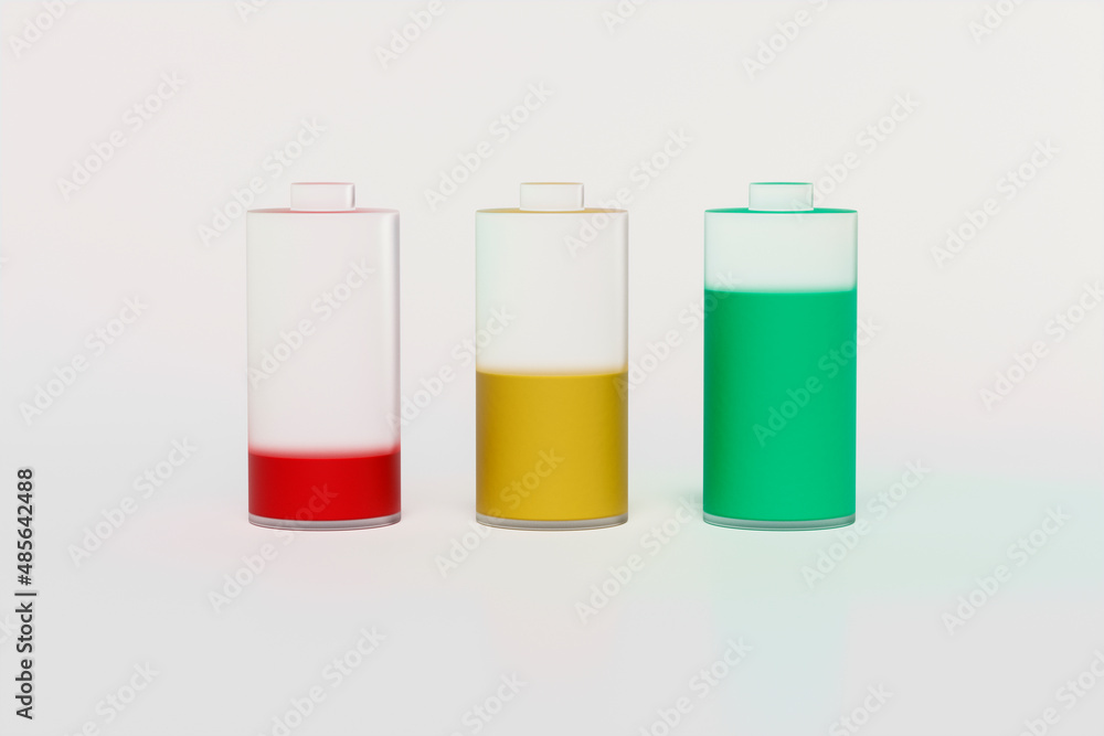 A set of three transparent batteries with different charge levels on a white background, colored battery charge indicators, a sign or symbol, 3d rendering A set of three transparent batteries with different charge levels on a white background, colored battery charge indicators, a sign or symbol, 3d rendering