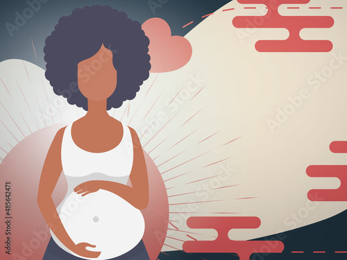 A pregnant woman holds her hands on her stomach. Chinese style banner. Vector illustration.