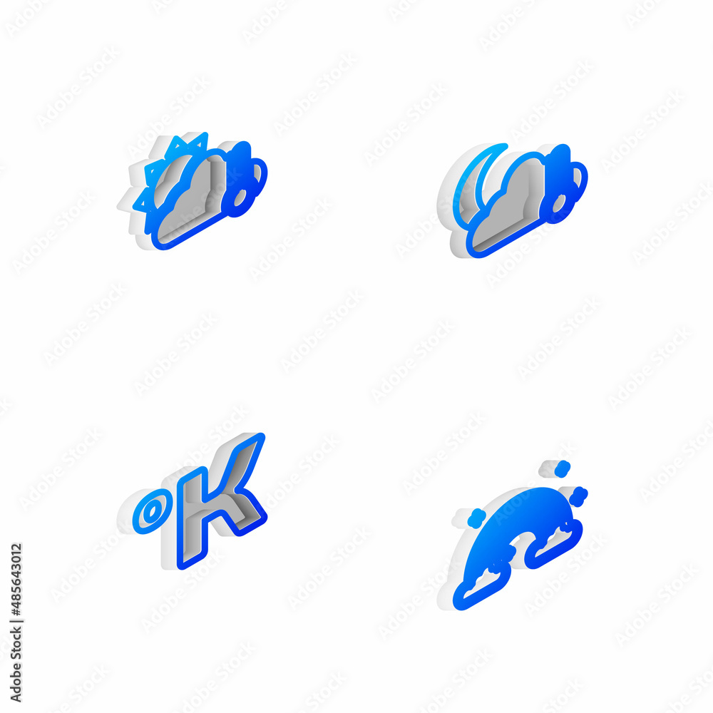 Set Isometric line Thermometer and cloud, moon, sun, Kelvin and Rainbow with clouds icon. Vector Set Isometric line Thermometer and cloud, moon, sun, Kelvin and Rainbow with clouds icon. Vector