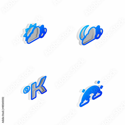 Set Isometric line Thermometer and cloud, moon, sun, Kelvin and Rainbow with clouds icon. Vector
