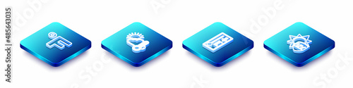 Set Isometric line Fahrenheit, Thermometer and cloud, sun, Meteorology thermometer and UV protection icon. Vector