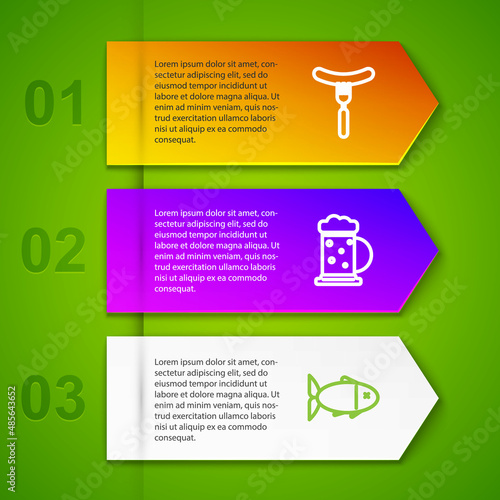 Set line Sausage on the fork, Wooden beer mug, Fish and Smoking pipe. Business infographic template. Vector