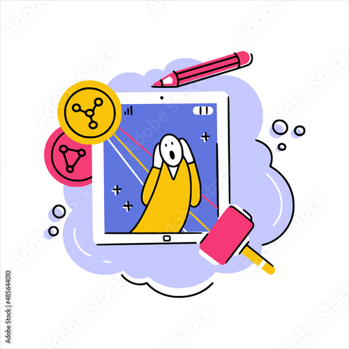 Concept illustration of NFT art as famous painting on tablet with crypto coins, pencil and auction hammer. Good for stickers, articles, web and apps.