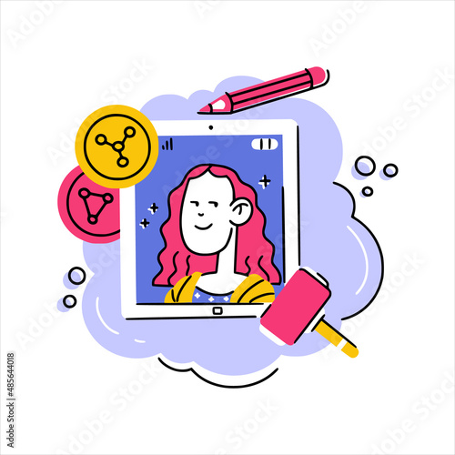 Concept illustration of NFT art as famous painting on tablet with crypto coins, pencil and auction hammer. Good for stickers, articles, web and apps.