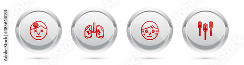 Set line Man having headache, Lungs, with excessive sweating and Wheat. Silver circle button. Vector
